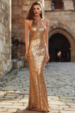 Sparkly Sequin Gold Mermaid Keyhole Long Holiday Party Dress
