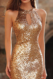 Sparkly Sequin Gold Mermaid Keyhole Long Holiday Party Dress