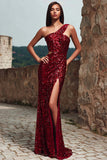 Sparkly Red Mermaid One Shoulder Sequin Long Holiday Party Dress