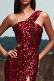 Sparkly Red Mermaid One Shoulder Sequin Long Holiday Party Dress