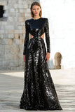 Sparkly Black Cut Out Sequin Maxi Holiday Party Dress
