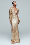 Sparkly Gold Mermaid V-Neck Sequin Long Sleeves Holiday Party Dress