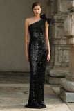 Sparkly Black Sequins One Shoulder Maxi Holiday Party Dress with Bow