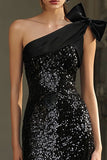 Sparkly Black Sequins One Shoulder Maxi Holiday Party Dress with Bow