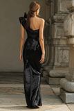 Sparkly Black Sequins One Shoulder Maxi Holiday Party Dress with Bow