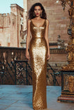 Sparkly Gold Scoop Neck Sequin Long Holiday Party Dress