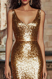 Sparkly Gold Scoop Neck Sequin Long Holiday Party Dress
