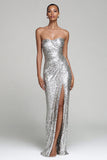 Silver Sparkly Sequin Strapless Long Holiday Party Dress with Slit
