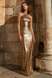 Sparkly Gold Halter Sheath Sequin Long Holiday Party Dress