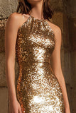 Sparkly Gold Halter Sheath Sequin Long Holiday Party Dress