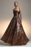 Sparkly Brown Strapless Sequin A Line Long Holiday Party Dress