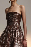 Sparkly Brown Strapless Sequin A Line Long Holiday Party Dress