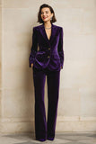 Plum Peak Lapel Velvet 2 Piece Prom Suits with Pockets