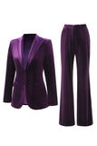 Plum 2 Piece Peak Lapel Velvet Long Prom Suits with Pockets