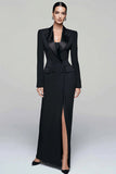 Black Peak Lapel Pencil Double Breasted Long Blazer Dress with Sleeves