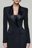 Black Peak Lapel Pencil Double Breasted Long Blazer Dress with Sleeves