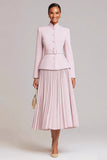 Light Pink Pleated 2 Piece High Neck Business Suits with Belt