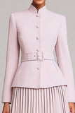 Light Pink Pleated 2 Piece High Neck Business Suits with Belt