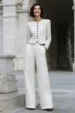 Ivory Long Sleeves 2 Piece Tweed Outfits with Pockets
