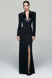 Black 2 Piece Pencil Peak Lapel Long Blazer Dress with Slit