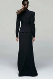 Black 2 Piece Pencil Peak Lapel Long Blazer Dress with Slit
