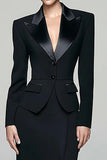 Black 2 Piece Pencil Peak Lapel Long Blazer Dress with Slit
