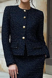 Black 2 Piece Single Breasted Tweed Outfits with Slit