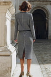 Grey Single Breasted 2 Piece Pencil Midi Tweed Outfits