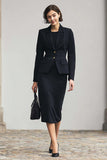 Black Two Piece Pencil Notched Lapel Midi Business Suits