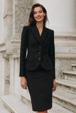 Black Two Piece Single Breasted Pencil Midi Business Suits
