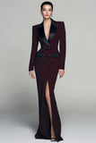 Burgundy Double Breasted Peak Lapel Long Blazer Dress with Slit