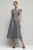 Simple Grey A Line Boat Neck Midi Work Dress with Sleeves