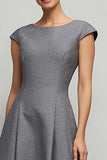 Simple Grey A Line Boat Neck Midi Work Dress with Sleeves