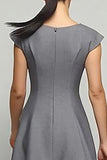 Simple Grey A Line Boat Neck Midi Work Dress with Sleeves