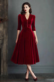 Burgundy A Line V-Neck Midi Velvet Holiday Party Dress
