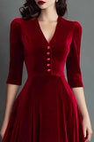 Burgundy A Line V-Neck Midi Velvet Holiday Party Dress
