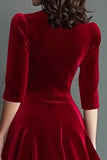 Burgundy A Line V-Neck Midi Velvet Holiday Party Dress