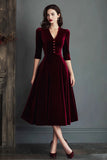 Burgundy A Line V-Neck Midi Velvet Holiday Party Dress