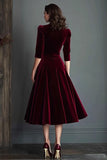 Burgundy A Line V-Neck Midi Velvet Holiday Party Dress