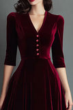 Burgundy A Line V-Neck Midi Velvet Holiday Party Dress