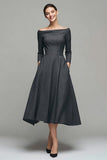 Dark Grey Off the Shoulder A Line Midi Work Dress with Sleeves