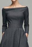 Dark Grey Off the Shoulder A Line Midi Work Dress with Sleeves