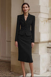 Black 2 Piece Pencil Single Breasted Midi Business Suits