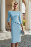 Sky Blue Bodycon Boat Neck Midi Work Dress with Sleeves
