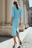 Light Blue Bodycon Ruched Boat Neck Midi Work Dress with Slit