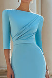 Light Blue Bodycon Ruched Boat Neck Midi Work Dress with Slit