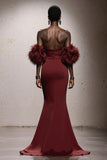 Burgundy Satin Sweetheart Mermaid Long Gala Dress with Feathers