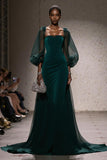 Dark Green Square Neck Mermaid Maxi Gala Dress with Sleeves