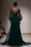 Dark Green Square Neck Mermaid Maxi Gala Dress with Sleeves