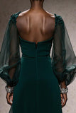 Dark Green Square Neck Mermaid Maxi Gala Dress with Sleeves